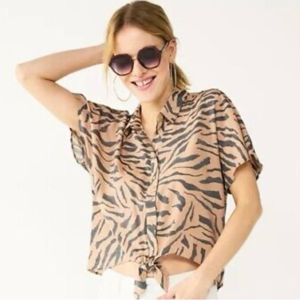 Nine West Knot Front Dolman Sleeve High Low Crop Top Brown Zebra Print XL